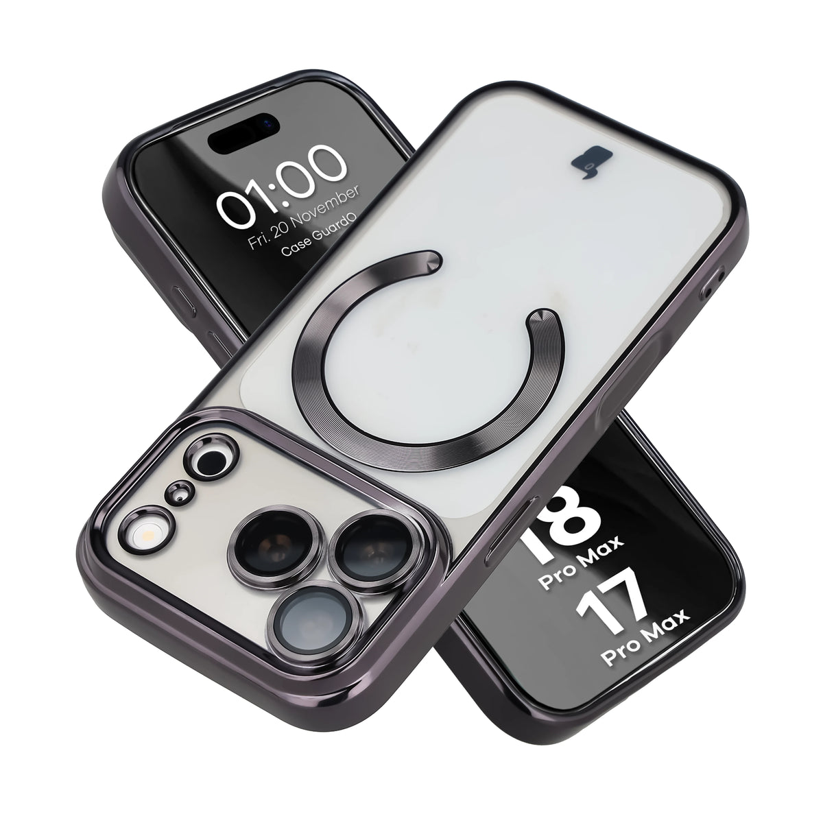 Handyhülle mit Kameraschutz und Magnetring für iPhone 18 Pro Max / 17 Pro Max, Bizon Case GuardO, Transparent-Schwarz (1/5)