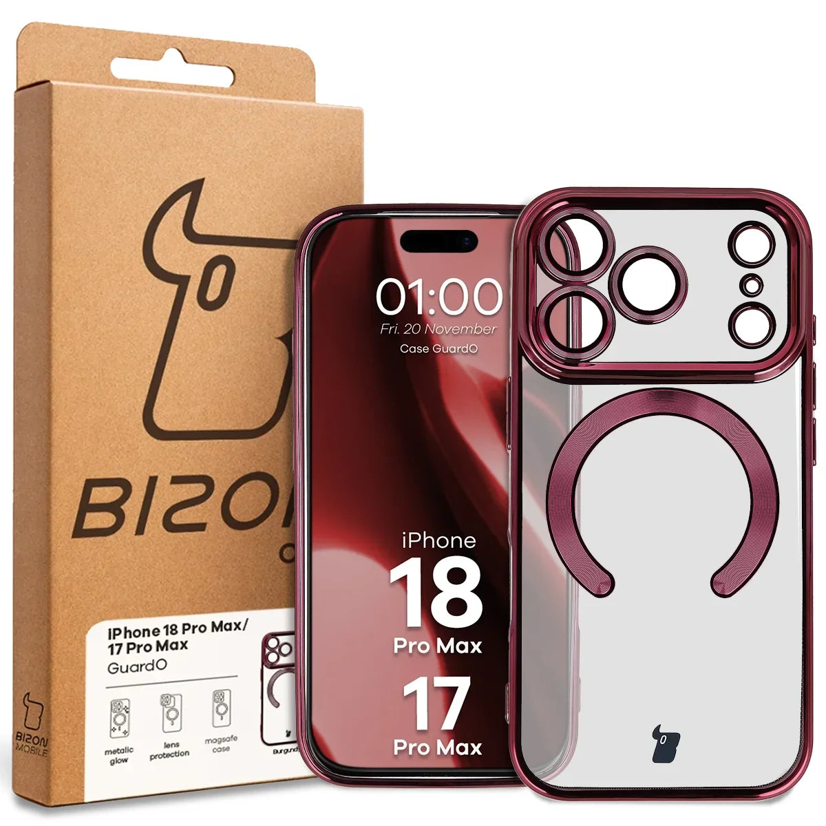 Handyhülle mit Kameraschutz und Magnetring für iPhone 18 Pro Max / 17 Pro Max, Bizon Case GuardO, Burgunderrot (5/5)