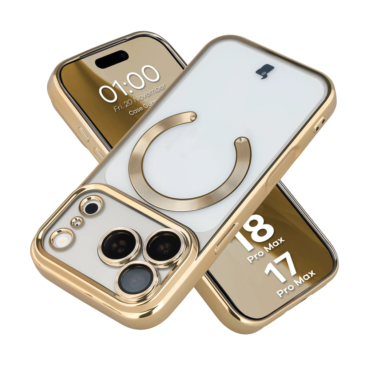 Handyhülle mit Kameraschutz und Magnetring für iPhone 18 Pro Max / 17 Pro Max, Bizon Case GuardO, Transparent-Golden (1/5)