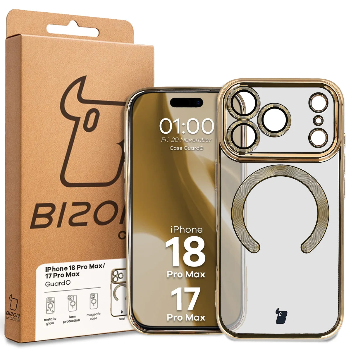 Handyhülle mit Kameraschutz und Magnetring für iPhone 18 Pro Max / 17 Pro Max, Bizon Case GuardO, Transparent-Golden (5/5)