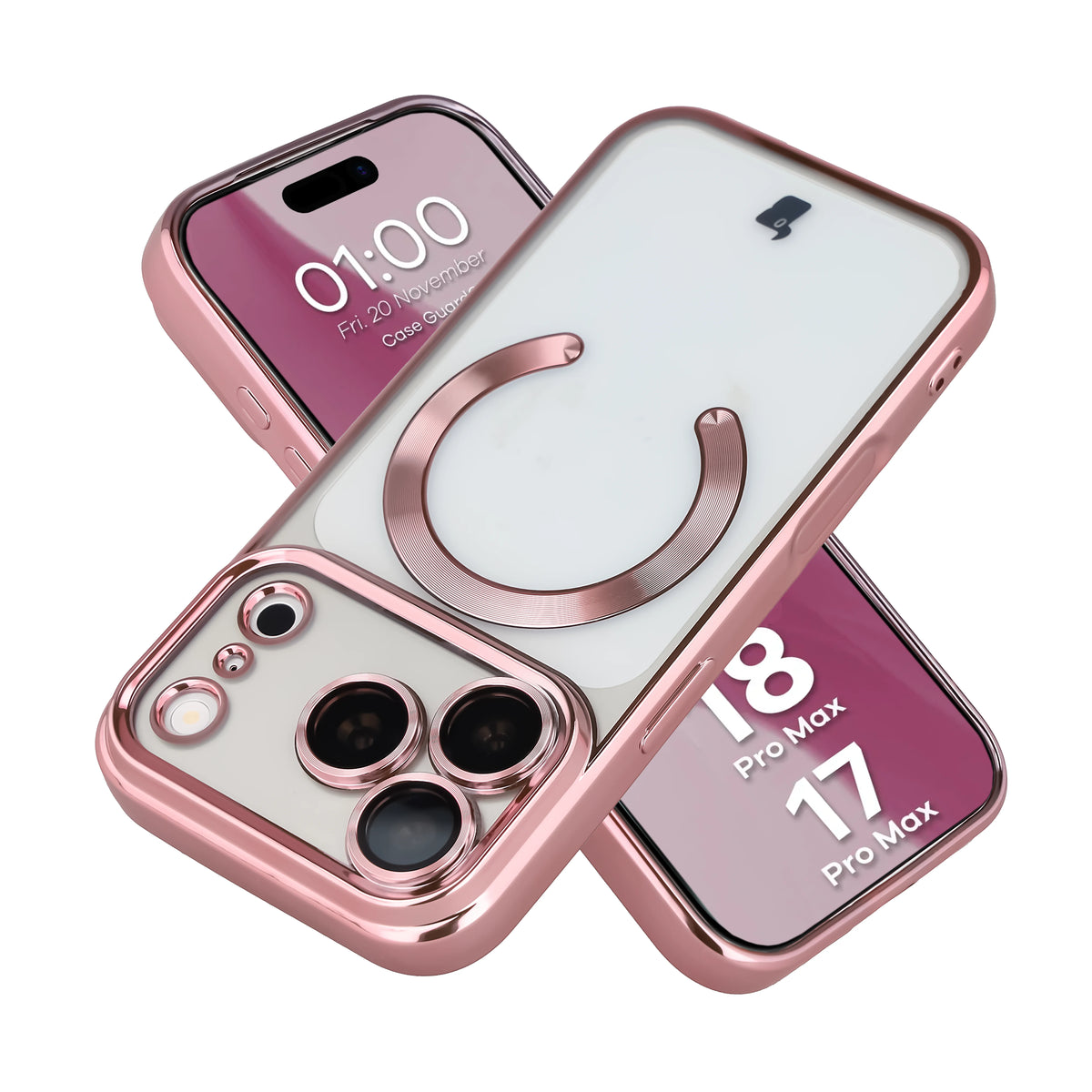 Handyhülle mit Kameraschutz und Magnetring für iPhone 18 Pro Max / 17 Pro Max, Bizon Case GuardO, Transparent-Rosa (1/5)