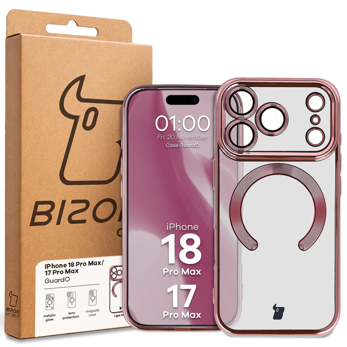 Handyhülle mit Kameraschutz und Magnetring für iPhone 18 Pro Max / 17 Pro Max, Bizon Case GuardO, Transparent-Rosa (5/5)