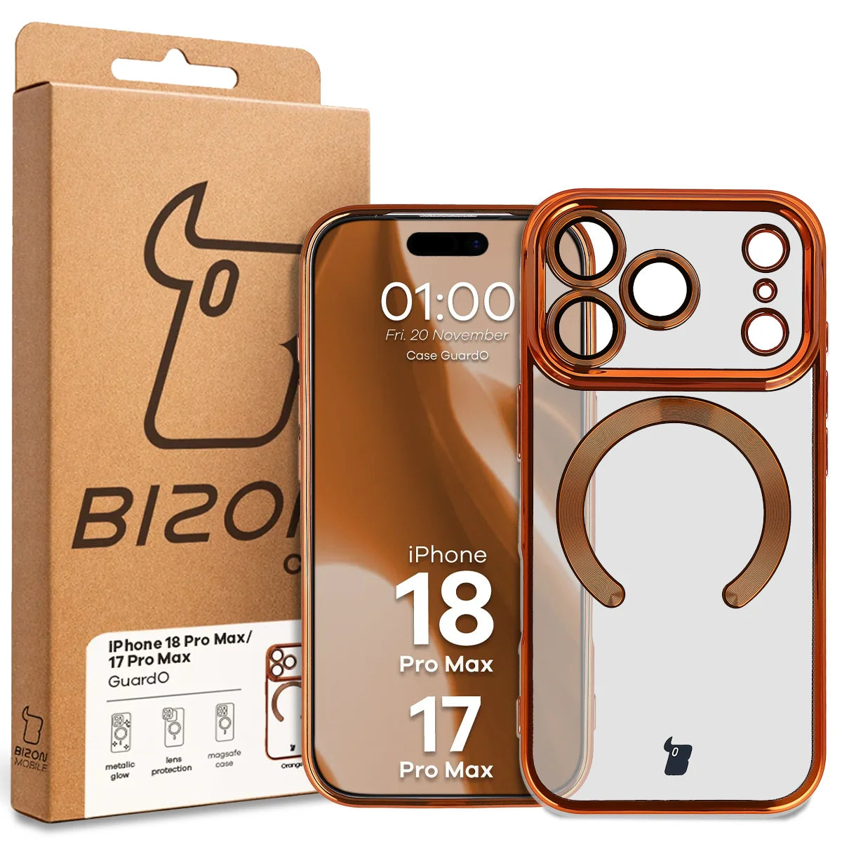 Handyhülle mit Kameraschutz und Magnetring für iPhone 18 Pro Max / 17 Pro Max, Bizon Case GuardO, Transparent-Orange (5/5)