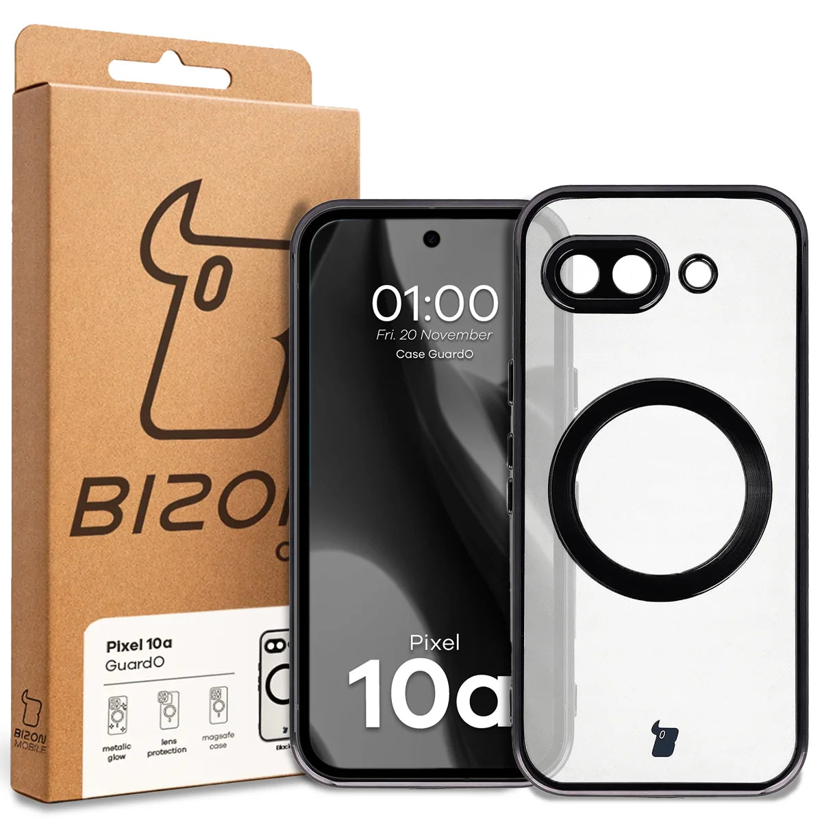 Handyhülle mit Kameraschutz und Magnetring für Google Pixel 10a, Bizon Case GuardO, Transparent-Schwarz