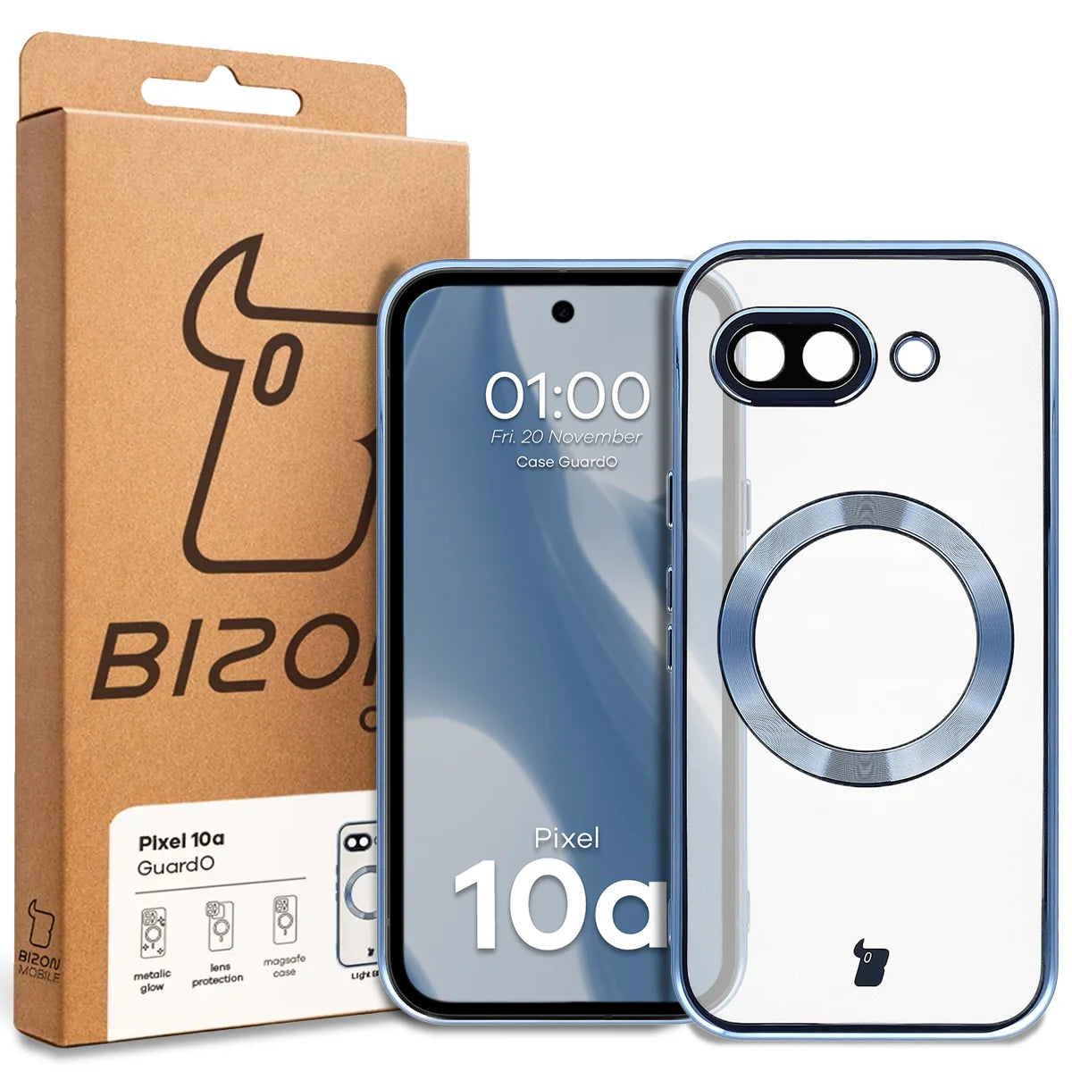 Handyhülle mit Kameraschutz und Magnetring für Google Pixel 10a, Bizon Case GuardO, Transparent-Blau