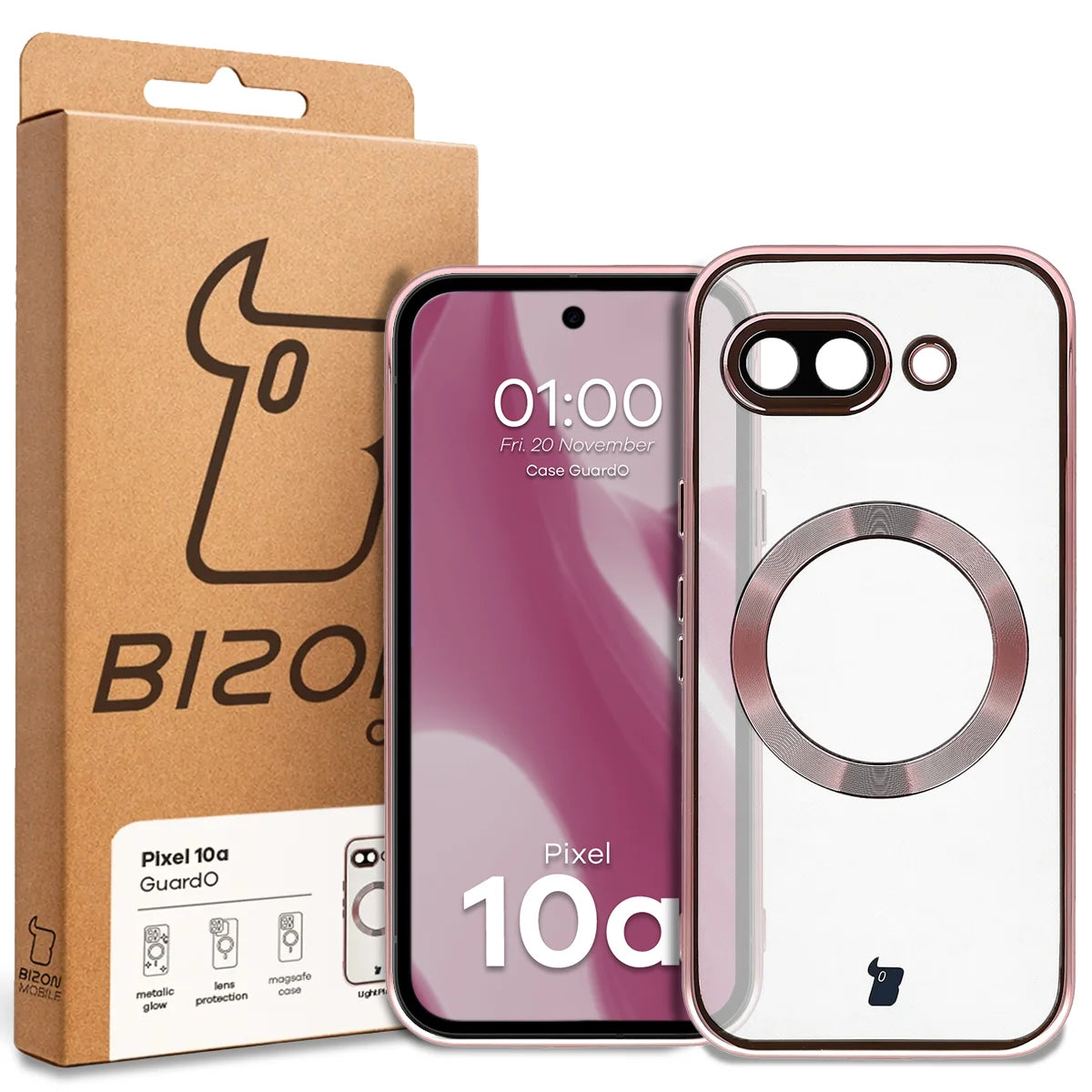Handyhülle mit Kameraschutz und Magnetring für Google Pixel 10a, Bizon Case GuardO, Transparent-Rosa