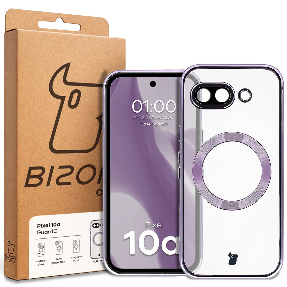 Handyhülle mit Kameraschutz und Magnetring für Google Pixel 10a, Bizon Case GuardO, Transparent-Violet