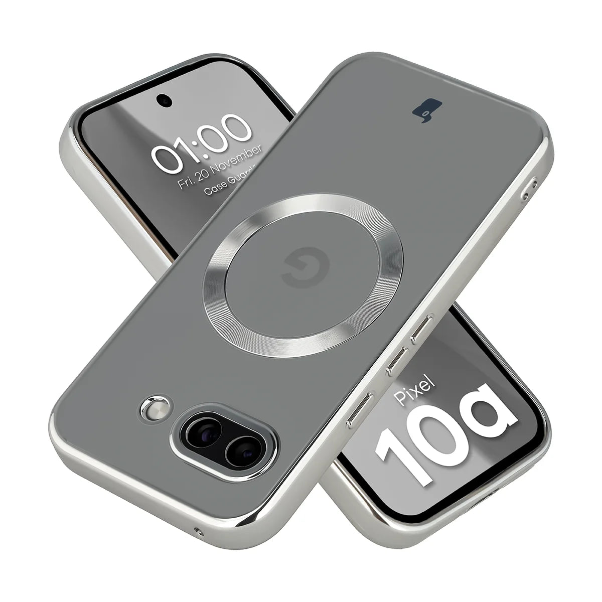 Handyhülle mit Kameraschutz und Magnetring für Google Pixel 10a, Bizon Case GuardO, Transparent-Silbern