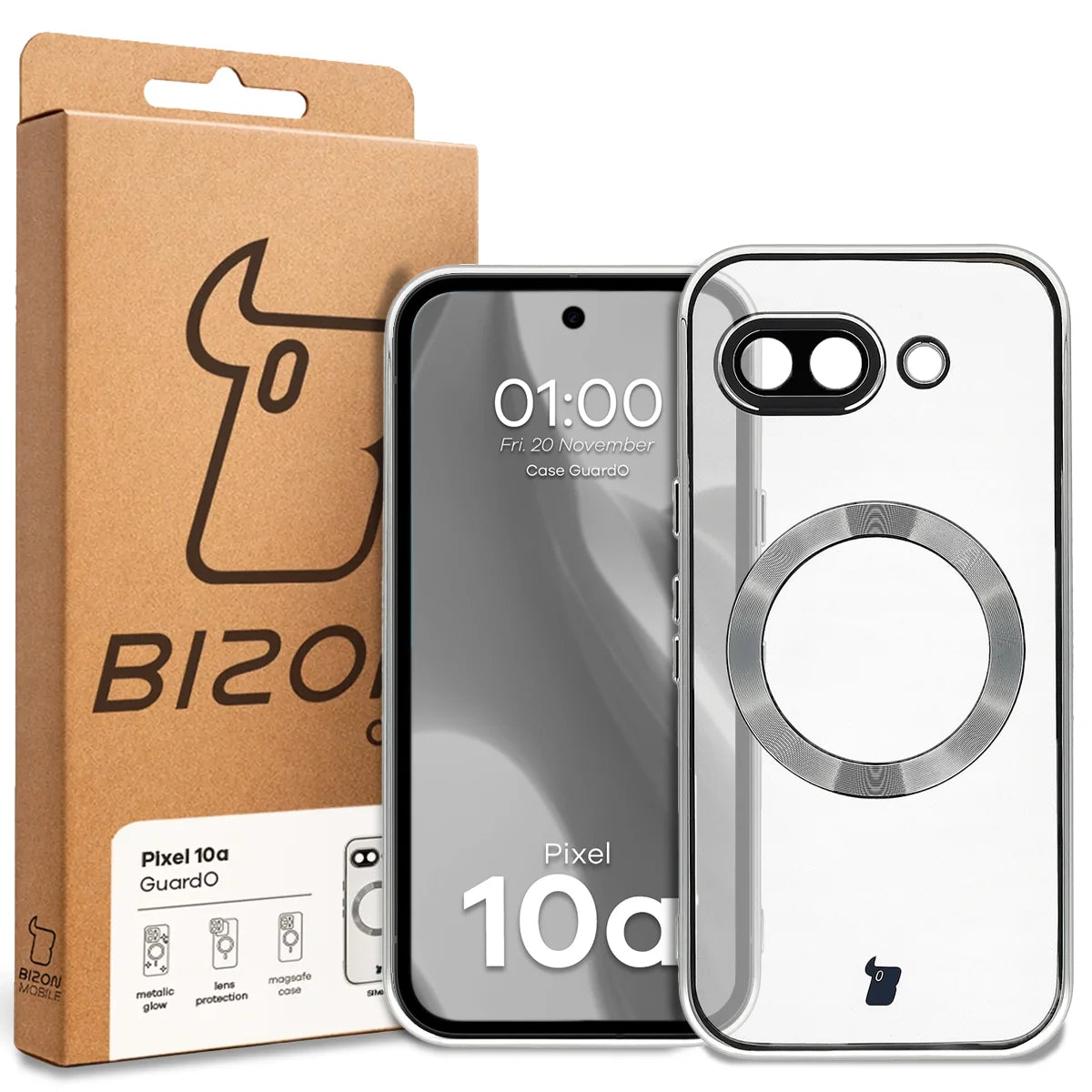 Handyhülle mit Kameraschutz und Magnetring für Google Pixel 10a, Bizon Case GuardO, Transparent-Silbern