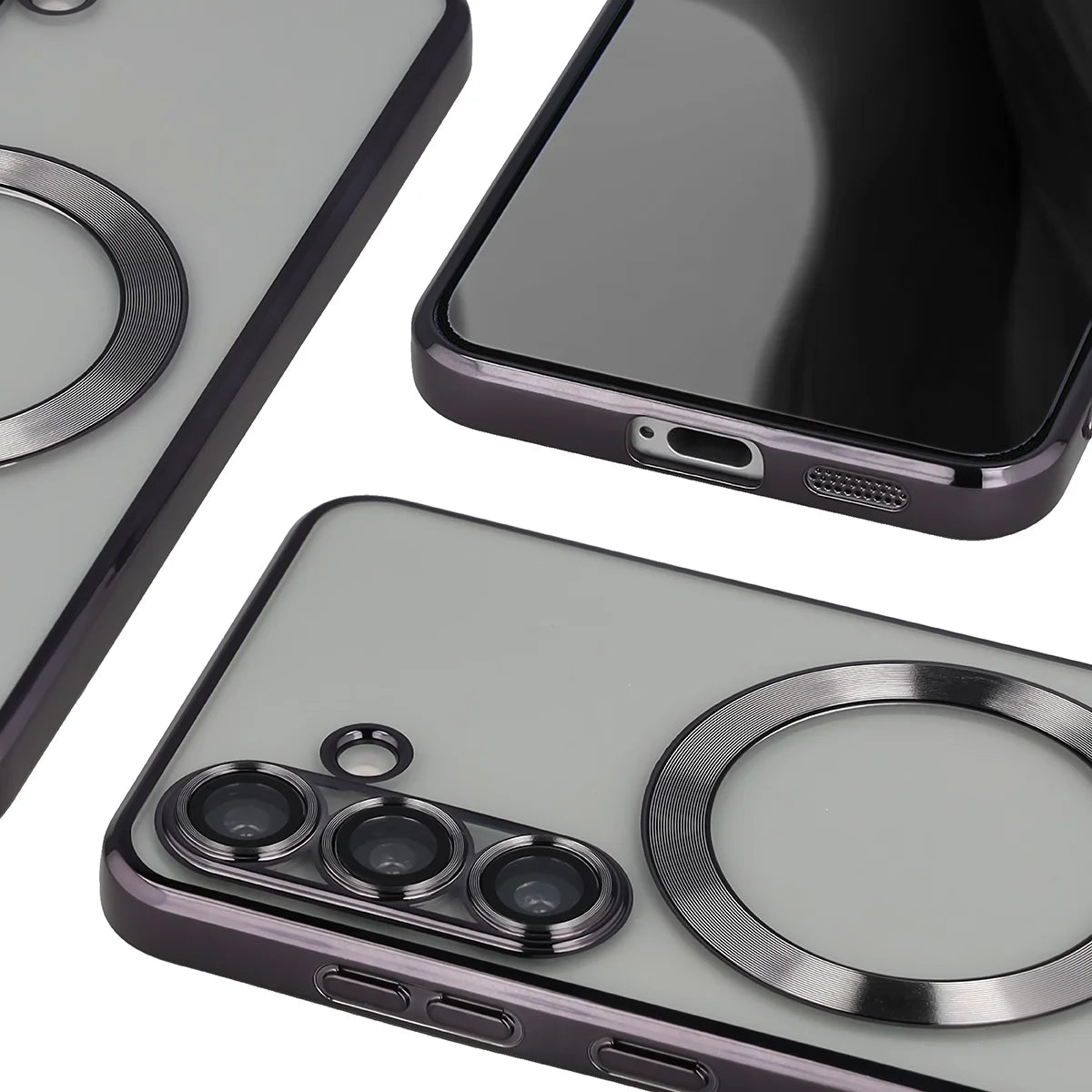 Handyhülle mit Kameraschutz und Magnetring für Galaxy S25, Bizon Case GuardO, Transparent-Schwarz