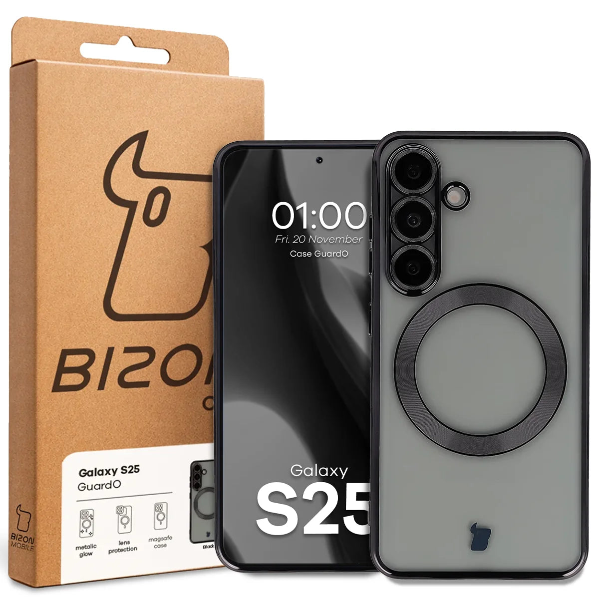 Handyhülle mit Kameraschutz und Magnetring für Galaxy S25, Bizon Case GuardO, Transparent-Schwarz