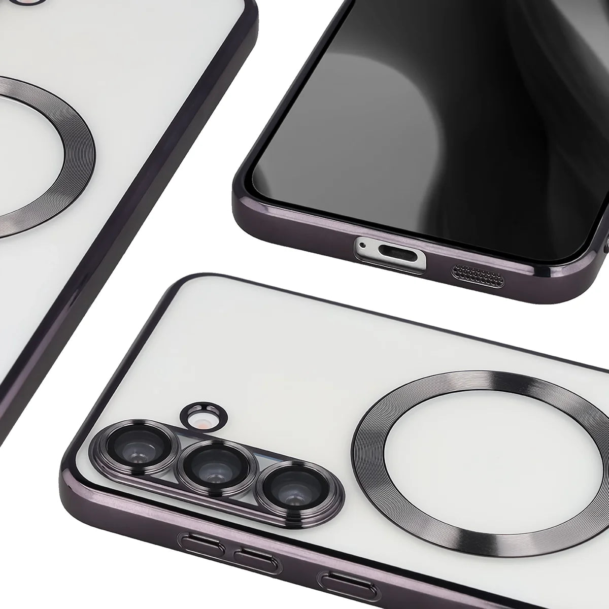Handyhülle mit Kameraschutz und Magnetring für Galaxy S25 FE, Bizon Case GuardO, Transparent-Schwarz