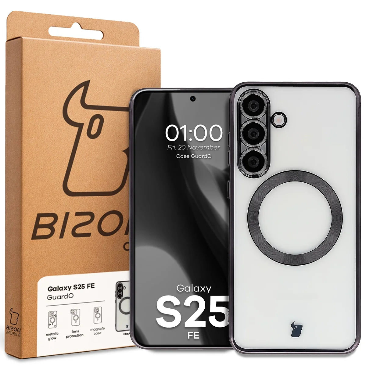 Handyhülle mit Kameraschutz und Magnetring für Galaxy S25 FE, Bizon Case GuardO, Transparent-Schwarz