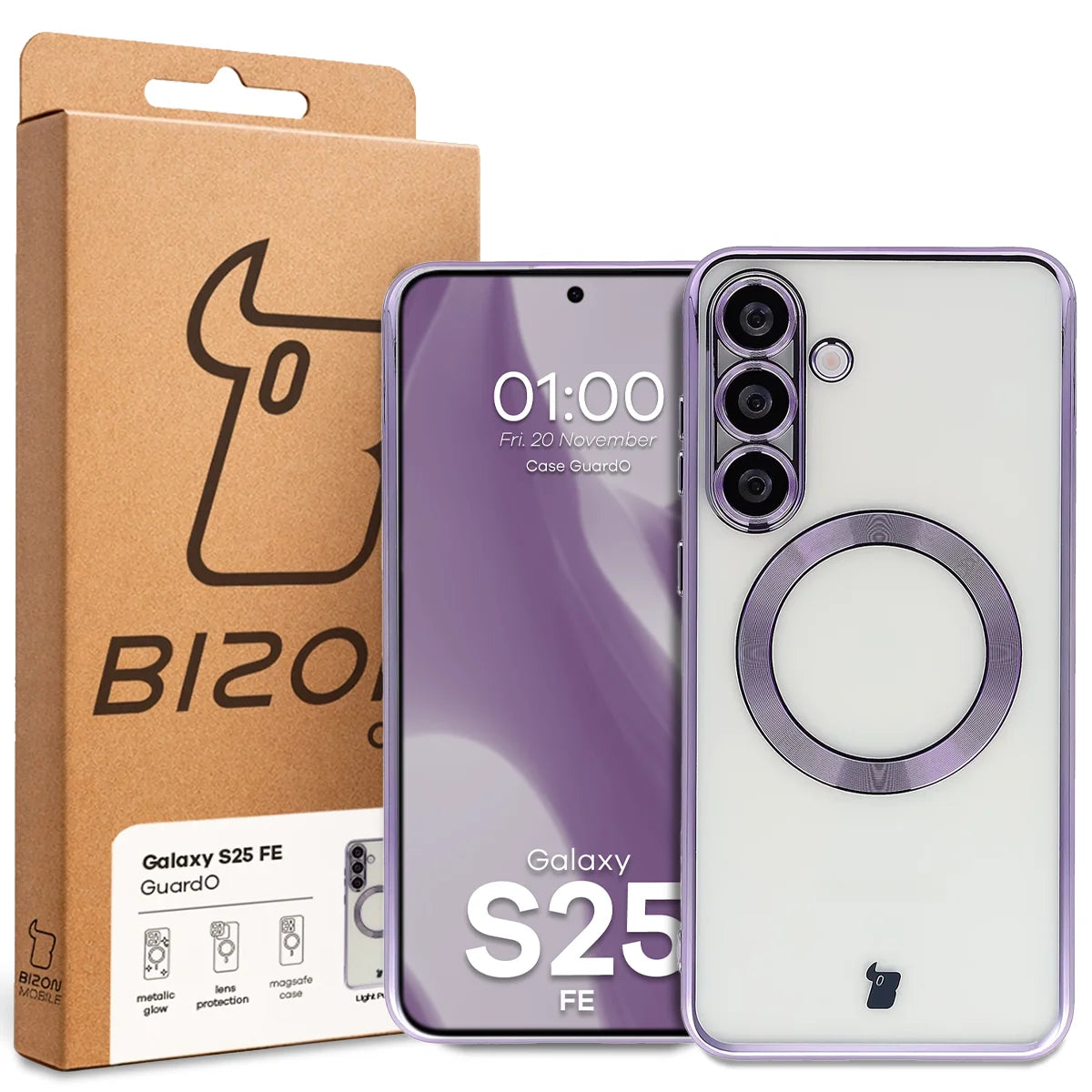 Handyhülle mit Kameraschutz und Magnetring für Galaxy S25 FE, Bizon Case GuardO, Transparent-Violet