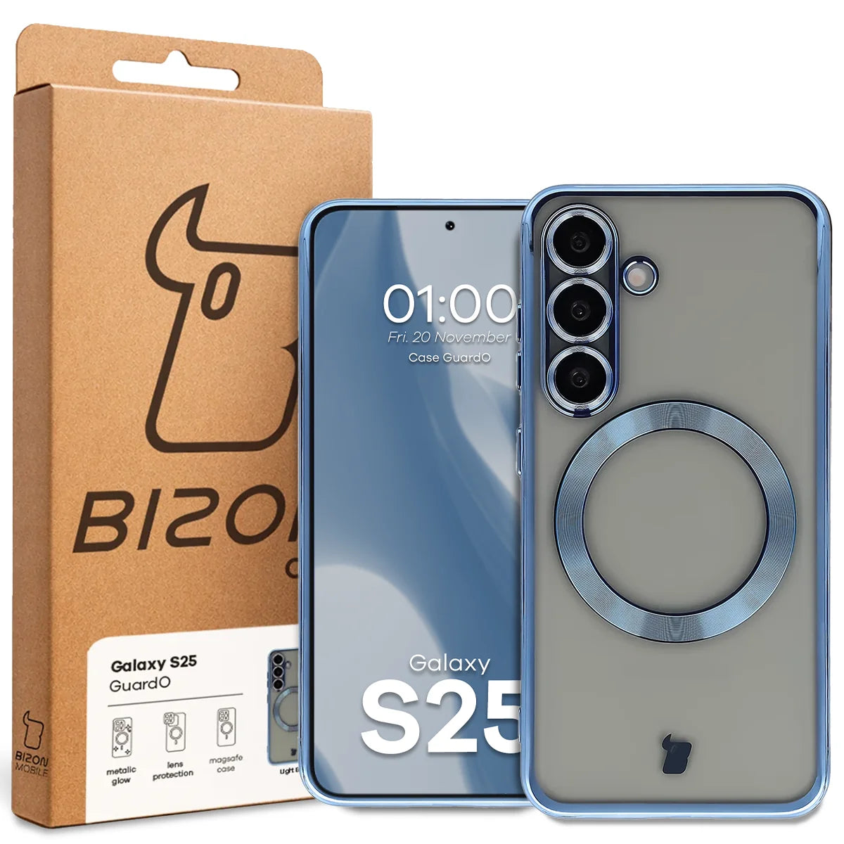 Handyhülle mit Kameraschutz und Magnetring für Galaxy S25, Bizon Case GuardO, Transparent-Blau