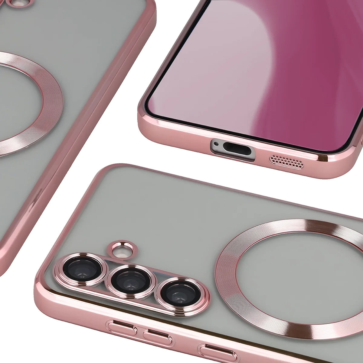 Handyhülle mit Kameraschutz und Magnetring für Galaxy S25, Bizon Case GuardO, Transparent-Rosa