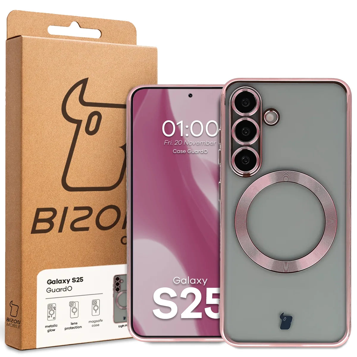 Handyhülle mit Kameraschutz und Magnetring für Galaxy S25, Bizon Case GuardO, Transparent-Rosa