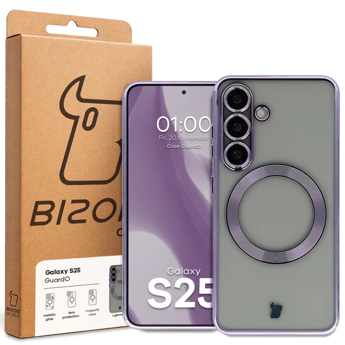 Handyhülle mit Kameraschutz und Magnetring für Galaxy S25, Bizon Case GuardO, Transparent-Violet