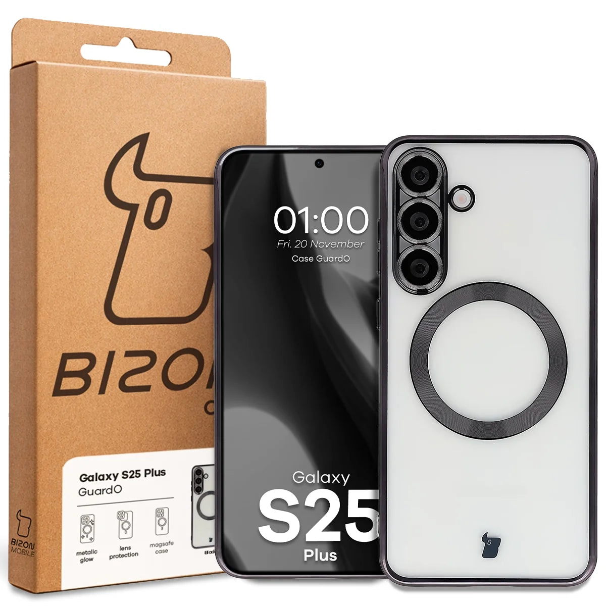 Handyhülle mit Kameraschutz und Magnetring für Galaxy S25 Plus, Bizon Case GuardO, Transparent-Schwarz
