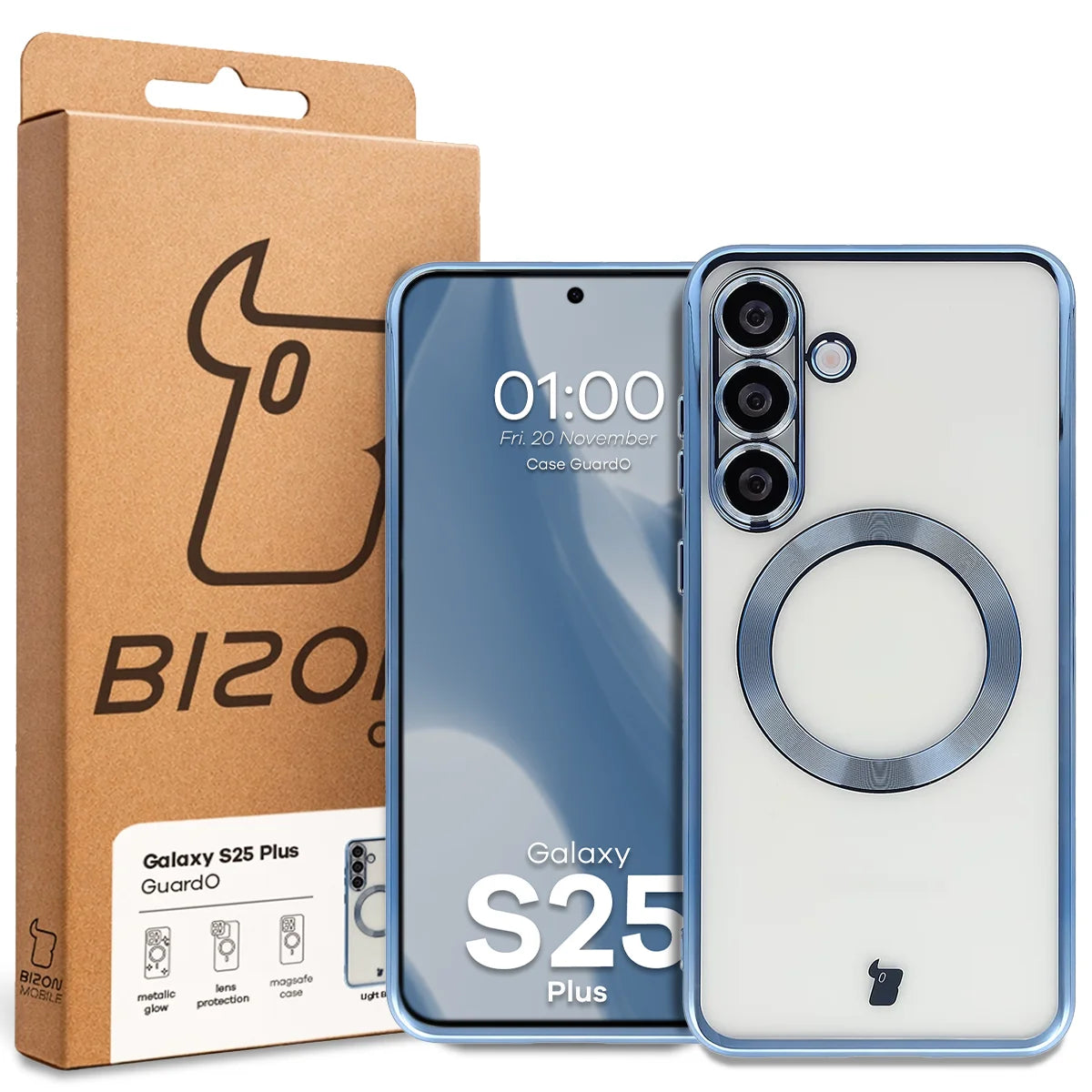 Handyhülle mit Kameraschutz und Magnetring für Galaxy S25 Plus, Bizon Case GuardO, Transparent-Blau