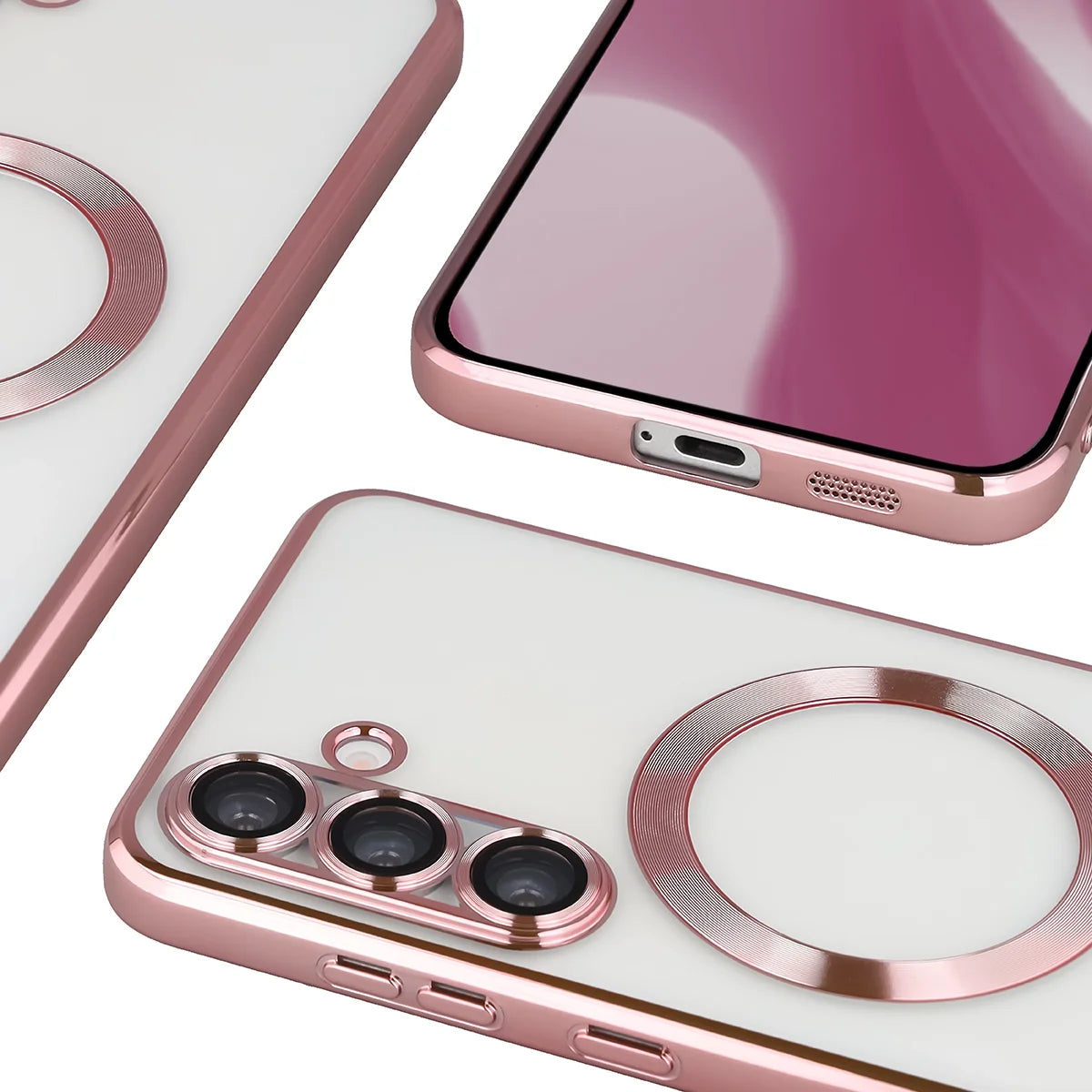 Handyhülle mit Kameraschutz und Magnetring für Galaxy S25 Plus, Bizon Case GuardO, Transparent-Rosa