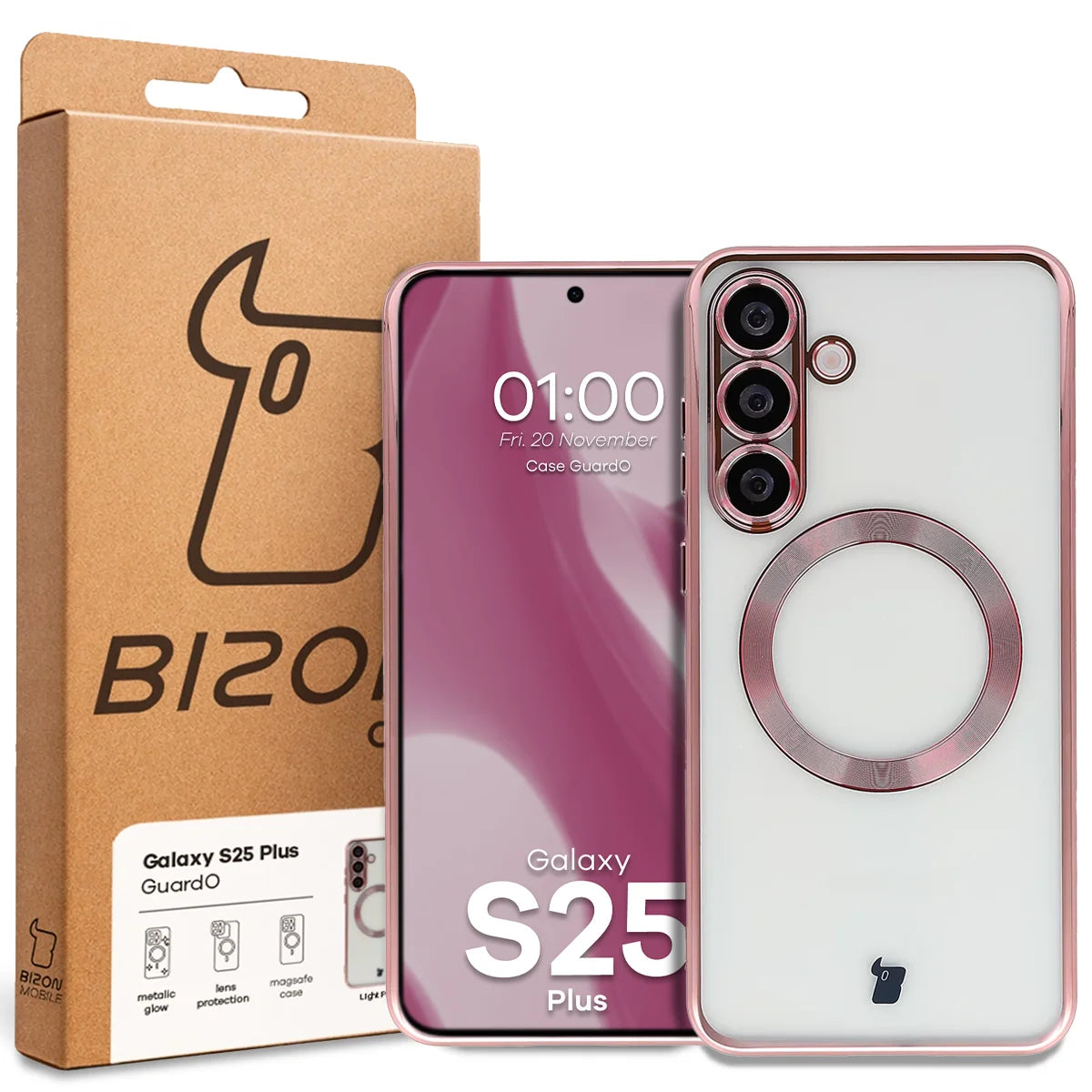 Handyhülle mit Kameraschutz und Magnetring für Galaxy S25 Plus, Bizon Case GuardO, Transparent-Rosa