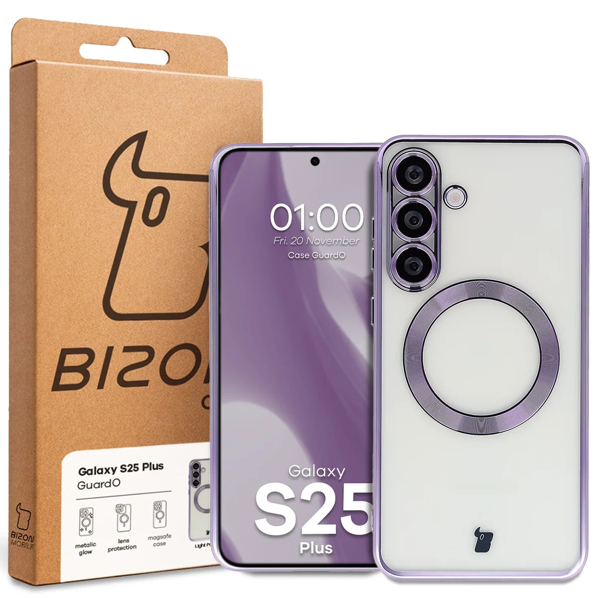 Handyhülle mit Kameraschutz und Magnetring für Galaxy S25 Plus, Bizon Case GuardO, Transparent-Violet