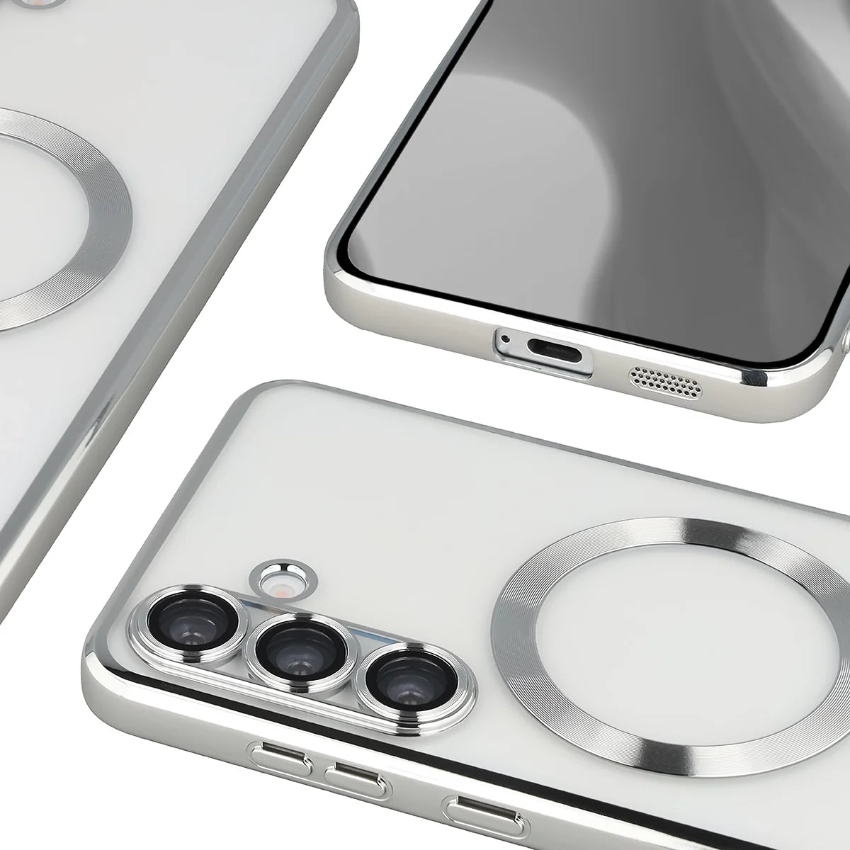 Handyhülle mit Kameraschutz und Magnetring für Galaxy S25 Plus, Bizon Case GuardO, Transparent-Silbern