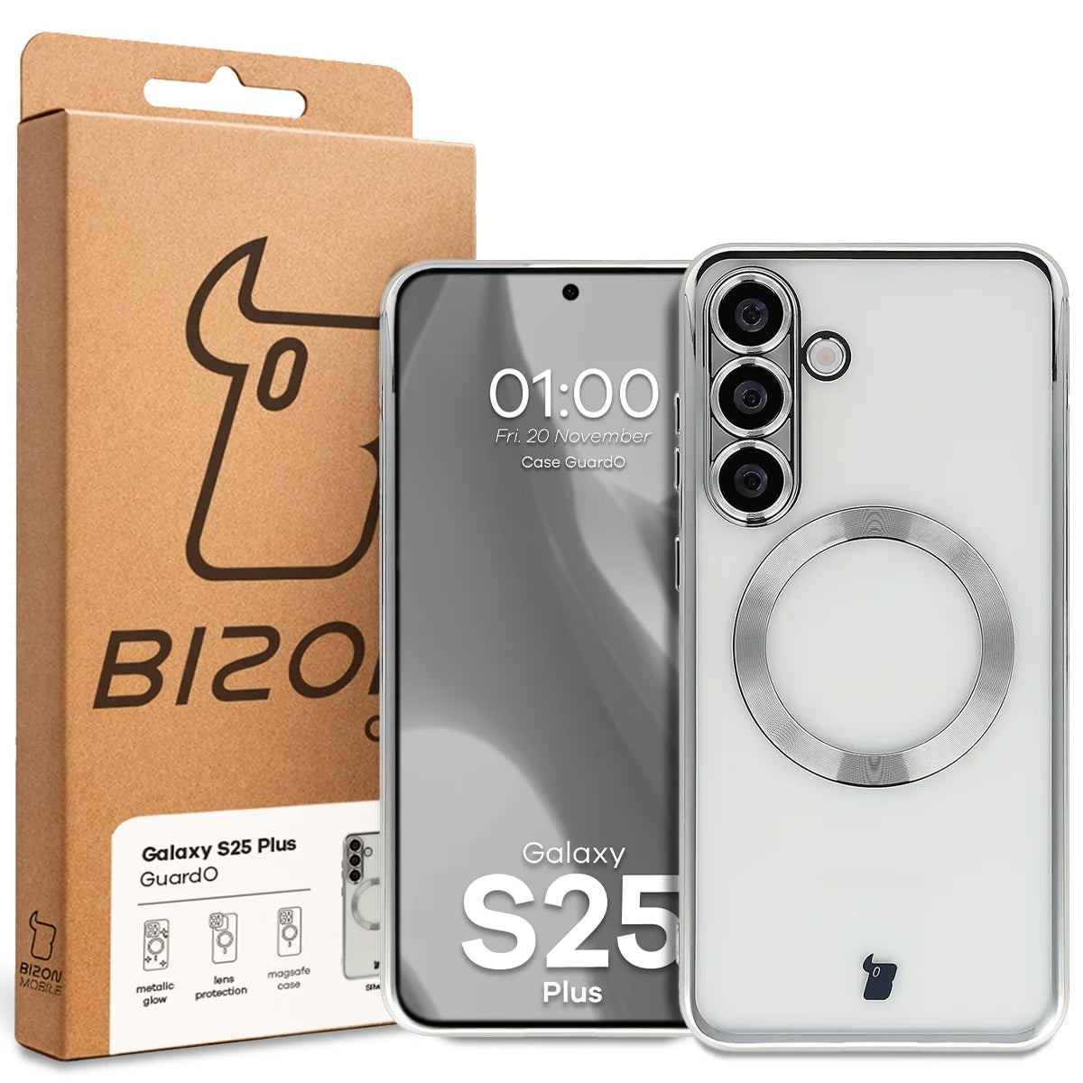Handyhülle mit Kameraschutz und Magnetring für Galaxy S25 Plus, Bizon Case GuardO, Transparent-Silbern