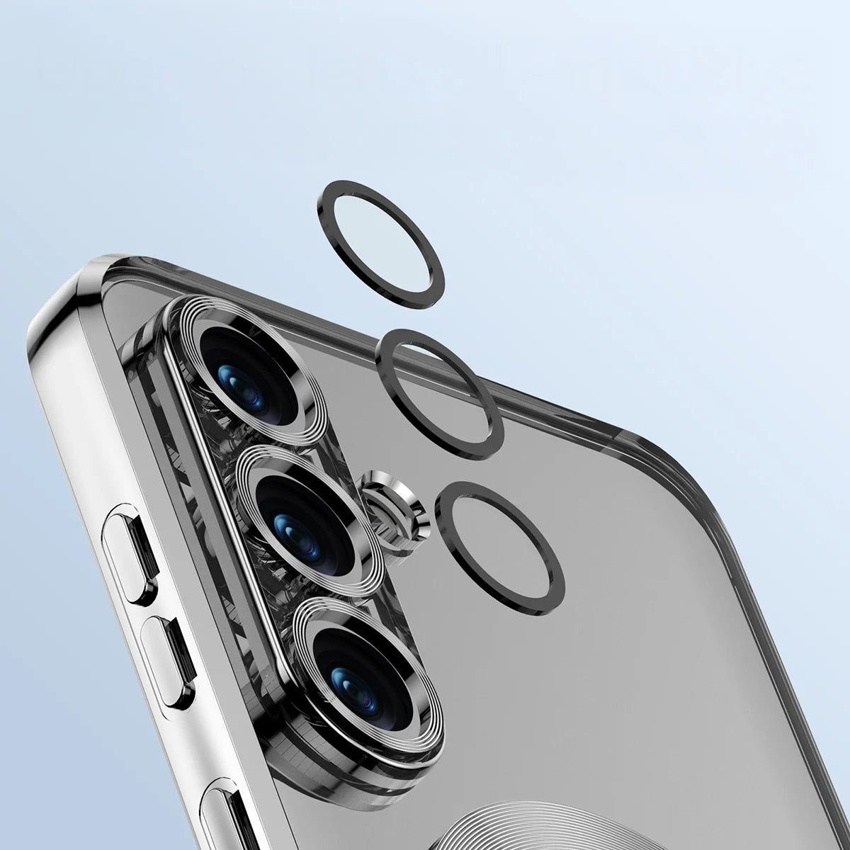 Handyhülle mit Kameraschutz und Magnetring für Galaxy S25, Bizon Case GuardO, Transparent-Silbern