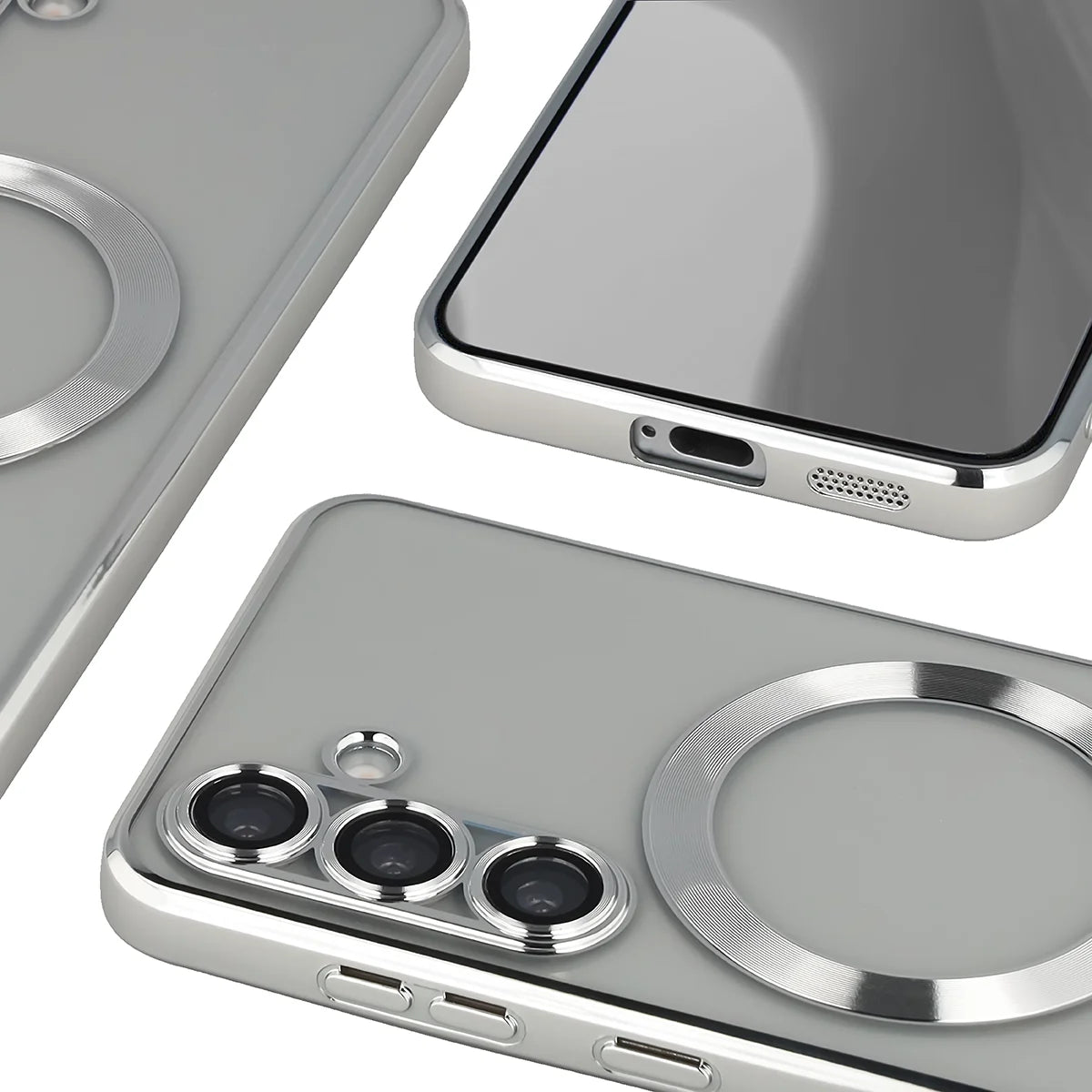 Handyhülle mit Kameraschutz und Magnetring für Galaxy S25, Bizon Case GuardO, Transparent-Silbern
