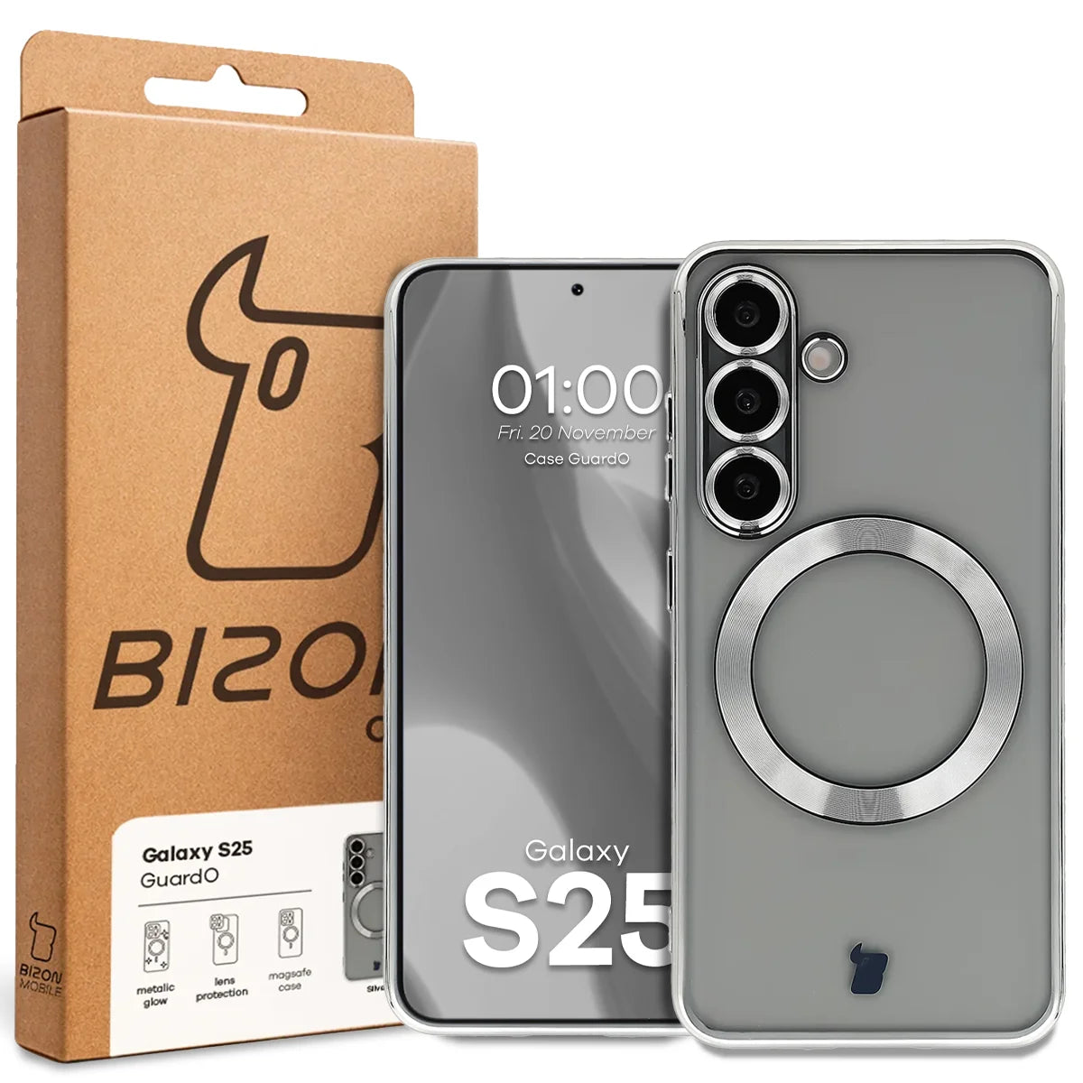 Handyhülle mit Kameraschutz und Magnetring für Galaxy S25, Bizon Case GuardO, Transparent-Silbern