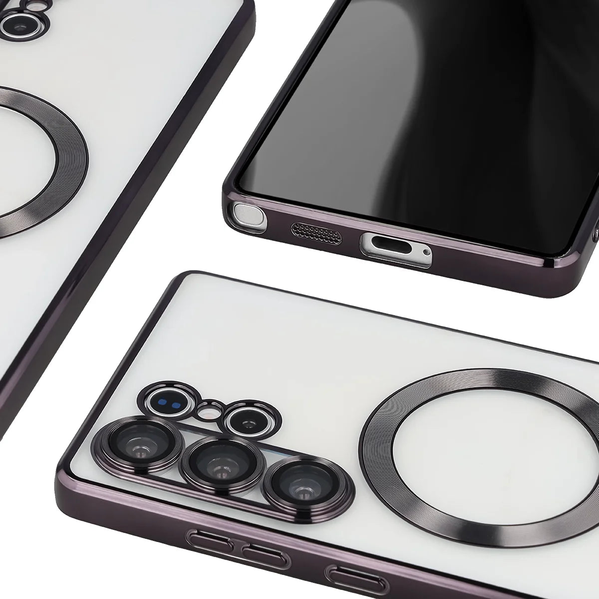 Handyhülle mit Kameraschutz und Magnetring für Galaxy S25 Ultra, Bizon Case GuardO, Transparent-Schwarz