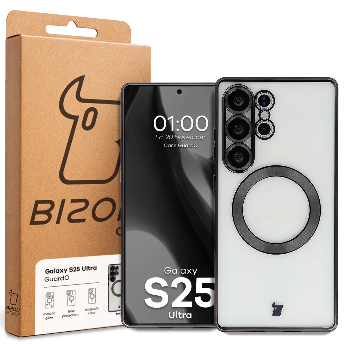Handyhülle mit Kameraschutz und Magnetring für Galaxy S25 Ultra, Bizon Case GuardO, Transparent-Schwarz
