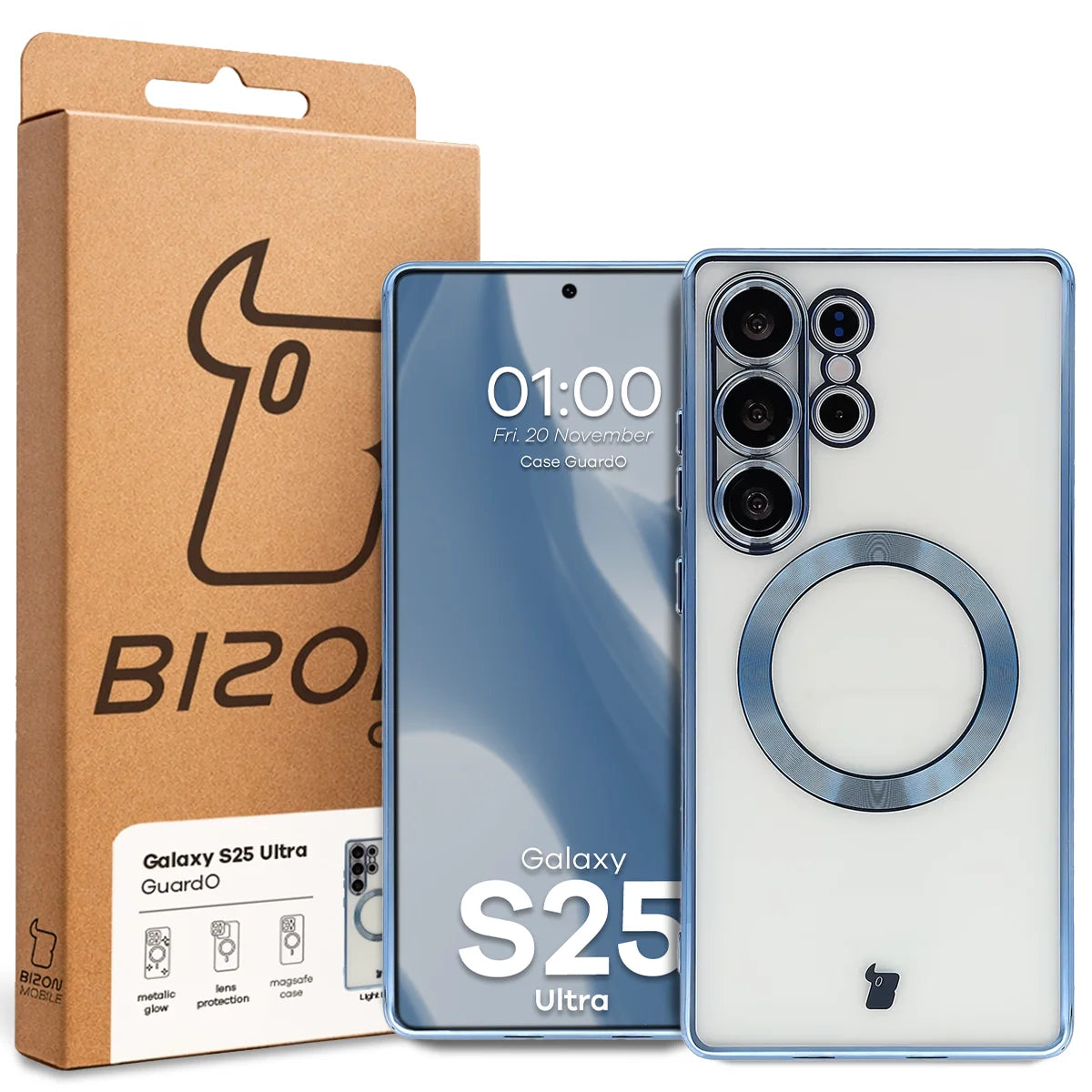 Handyhülle mit Kameraschutz und Magnetring für Galaxy S25 Ultra, Bizon Case GuardO, Transparent-Blau