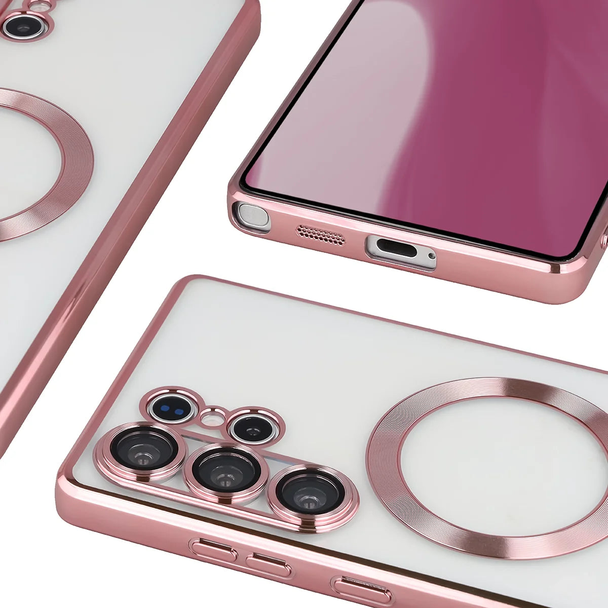 Handyhülle mit Kameraschutz und Magnetring für Galaxy S25 Ultra, Bizon Case GuardO, Transparent-Rosa