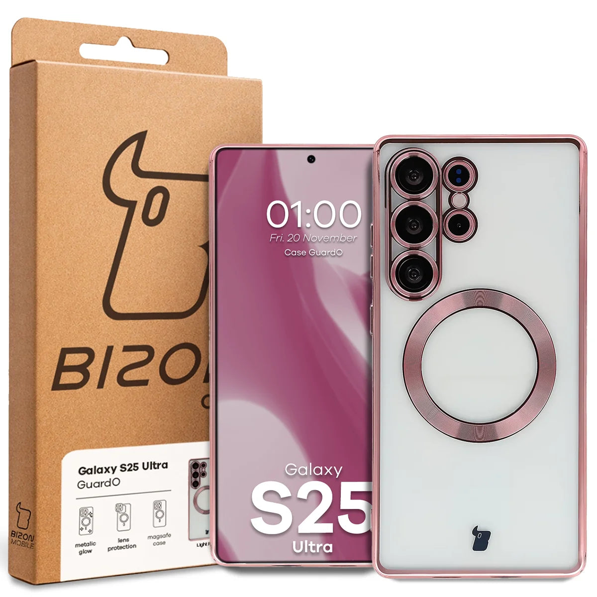 Handyhülle mit Kameraschutz und Magnetring für Galaxy S25 Ultra, Bizon Case GuardO, Transparent-Rosa