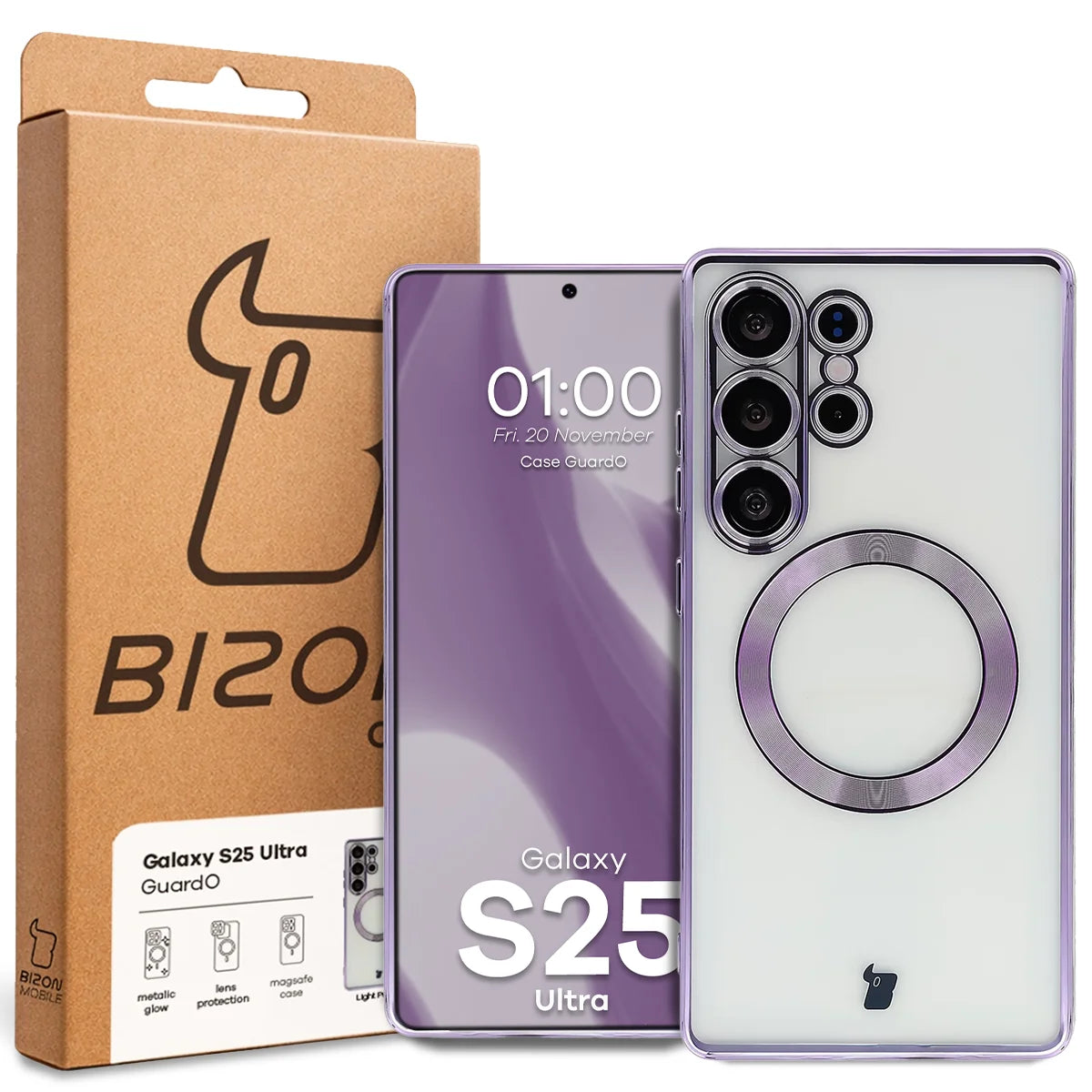 Handyhülle mit Kameraschutz und Magnetring für Galaxy S25 Ultra, Bizon Case GuardO, Transparent-Violet