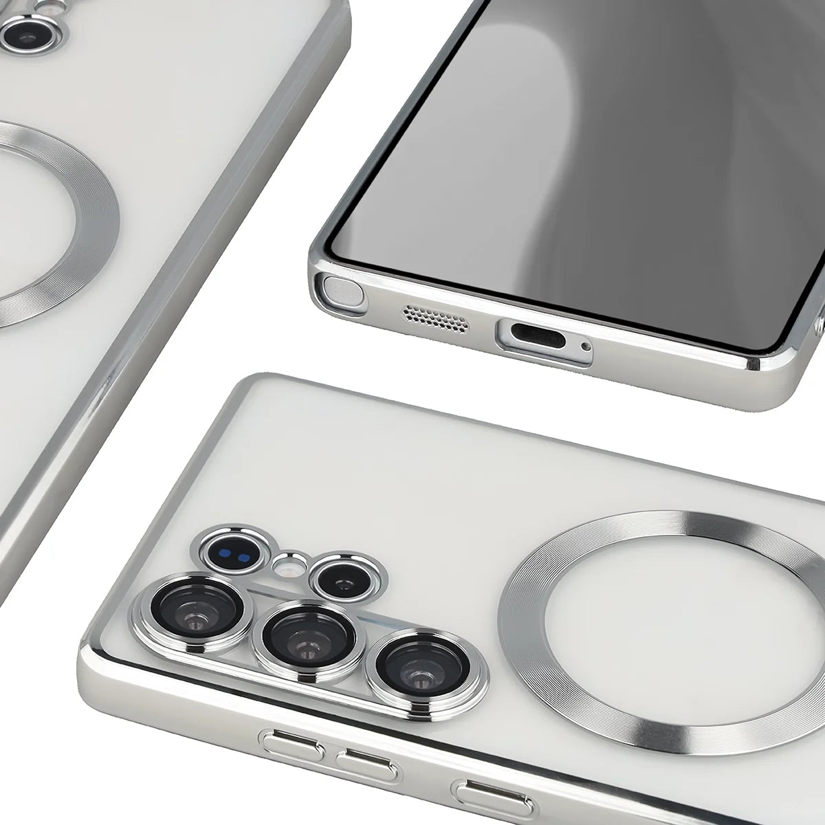 Handyhülle mit Kameraschutz und Magnetring für Galaxy S25 Ultra, Bizon Case GuardO, Transparent-Silbern