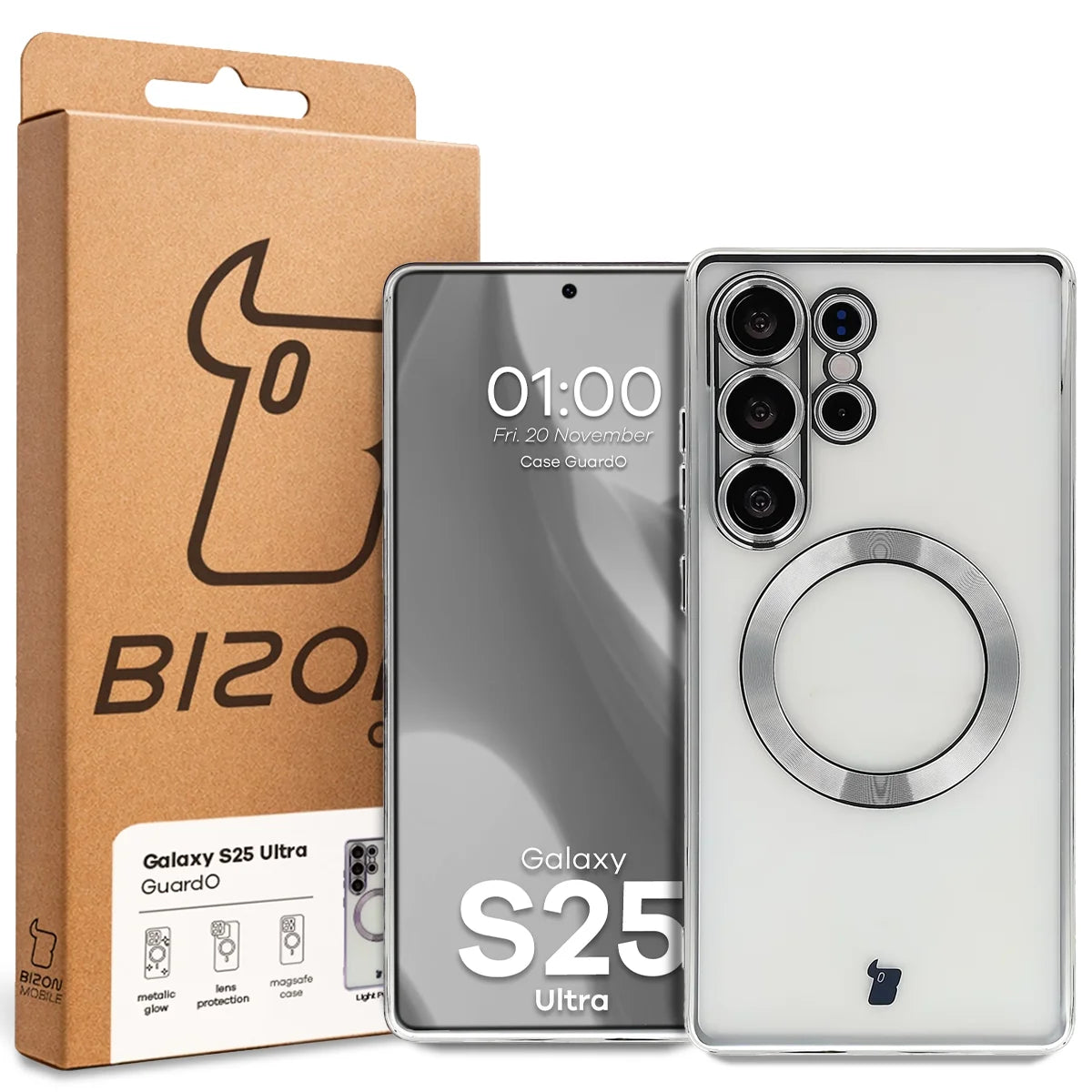 Handyhülle mit Kameraschutz und Magnetring für Galaxy S25 Ultra, Bizon Case GuardO, Transparent-Silbern