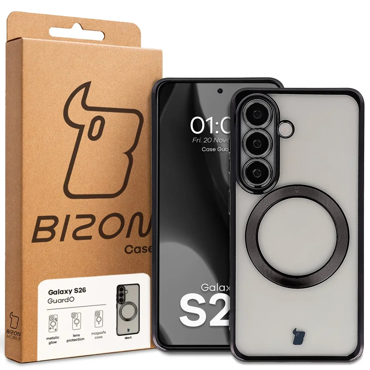 Handyhülle mit Kameraschutz und Magnetring für Galaxy S26, Bizon Case GuardO, Transparent-Schwarz