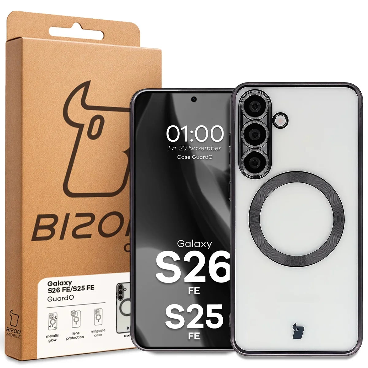 Handyhülle mit Kameraschutz und Magnetring für Galaxy S26 FE / S25 FE, Bizon Case GuardO, Transparent-Schwarz (5/5)