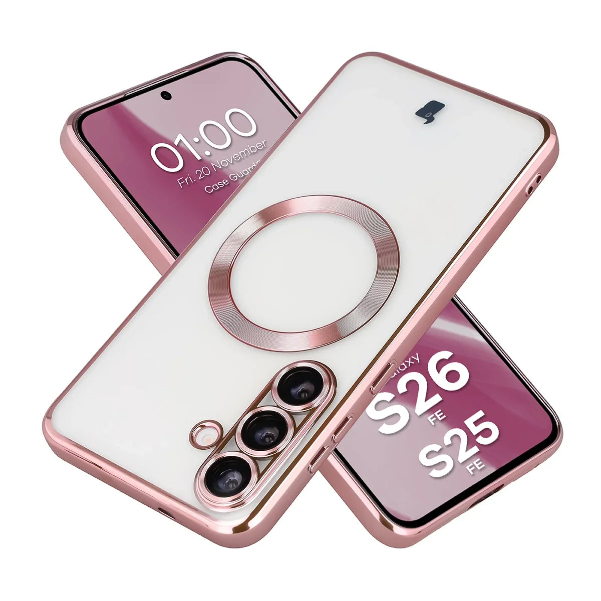 Handyhülle mit Kameraschutz und Magnetring für Galaxy S26 FE / S25 FE, Bizon Case GuardO, Transparent-Rosa