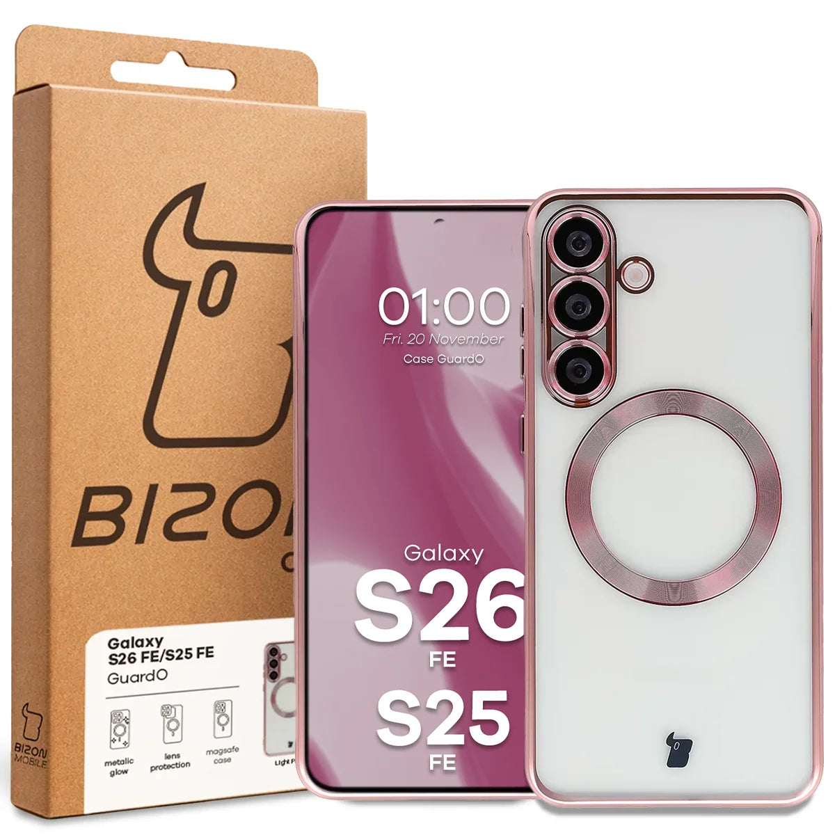 Handyhülle mit Kameraschutz und Magnetring für Galaxy S26 FE / S25 FE, Bizon Case GuardO, Transparent-Rosa
