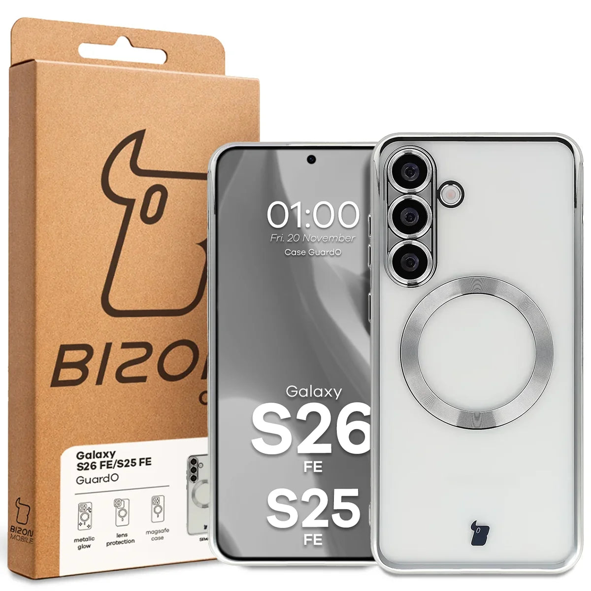 Handyhülle mit Kameraschutz und Magnetring für Galaxy S26 FE / S25 FE, Bizon Case GuardO, Transparent-Silbern