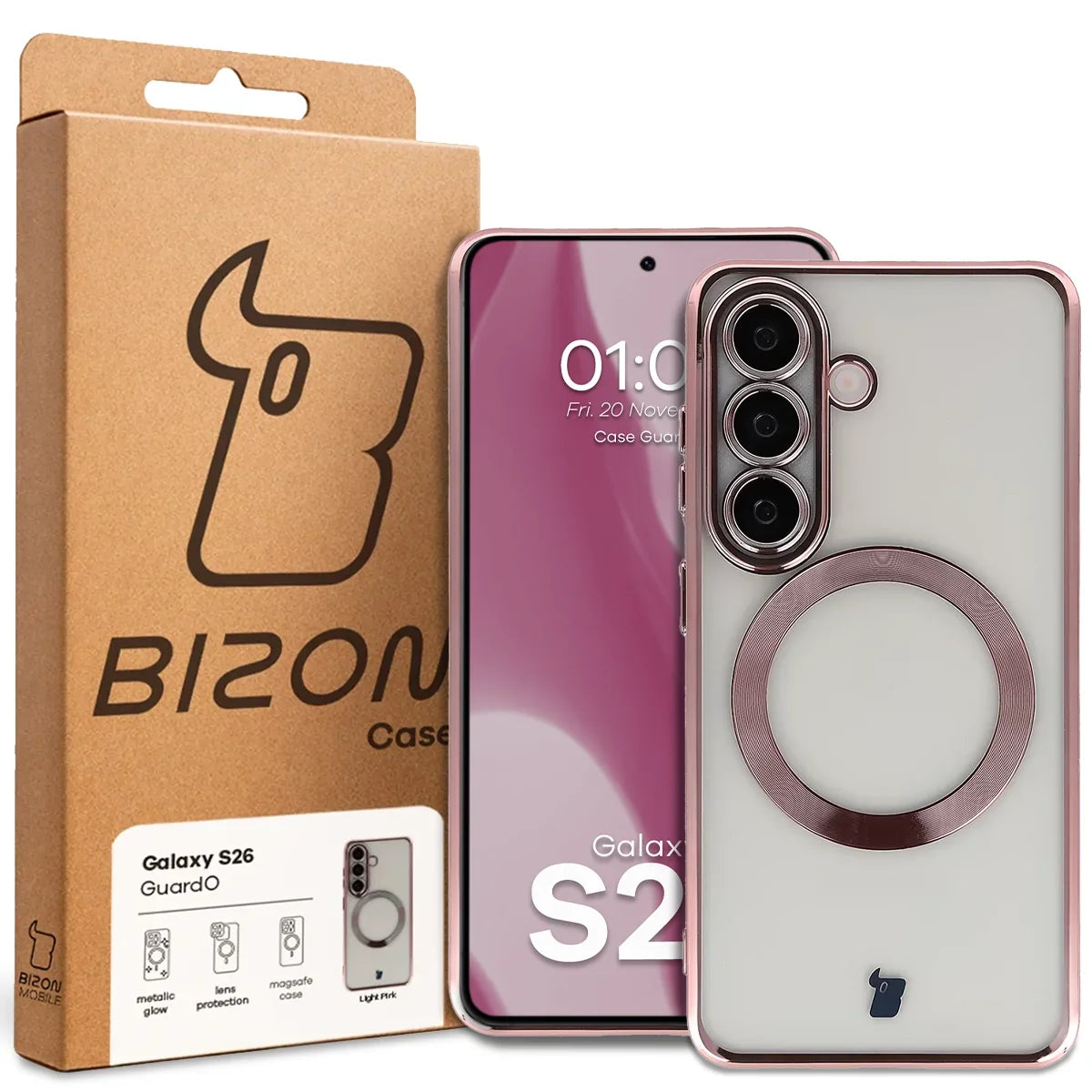 Handyhülle mit Kameraschutz und Magnetring für Galaxy S26, Bizon Case GuardO, Transparent-Rosa