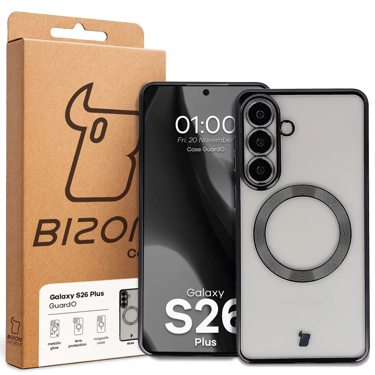 Handyhülle mit Kameraschutz und Magnetring für Galaxy S26 Plus, Bizon Case GuardO, Transparent-Schwarz