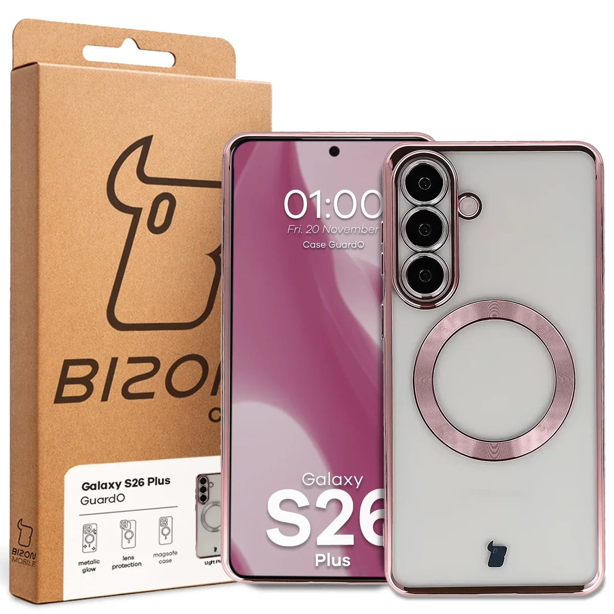Handyhülle mit Kameraschutz und Magnetring für Galaxy S26 Plus, Bizon Case GuardO, Transparent-Rosa