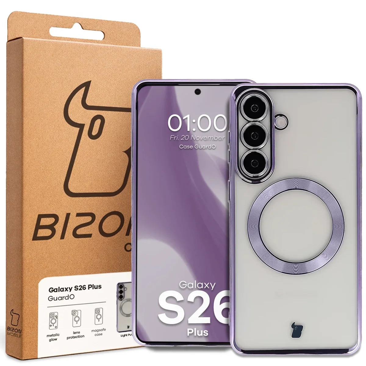 Handyhülle mit Kameraschutz und Magnetring für Galaxy S26 Plus, Bizon Case GuardO, Transparent-Violet