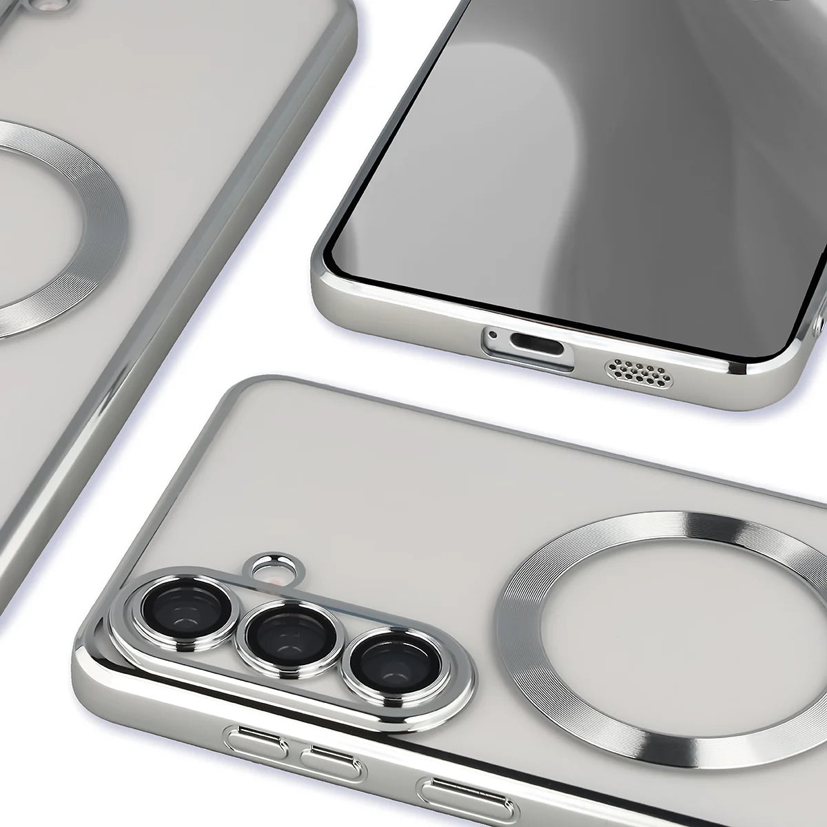 Handyhülle mit Kameraschutz und Magnetring für Galaxy S26 Plus, Bizon Case GuardO, Transparent-Silbern